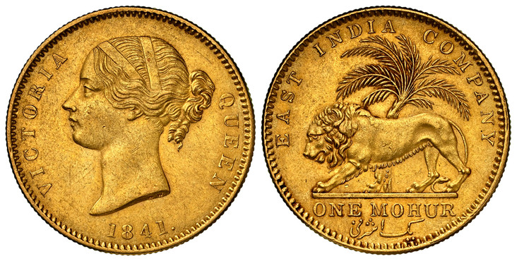 1086577 INDIA-BRITISH. Victoria. (Queen, 1837-1901). 1841-(c) AV Mohur. NGC AU55.  Calcutta. VICTORIA QUEEN. Head left; W.W. incuse on truncation, large legend and large date with crosslet 4 / EAST INDIA COMPANY. Palm tree, lion walking left. KM-4...