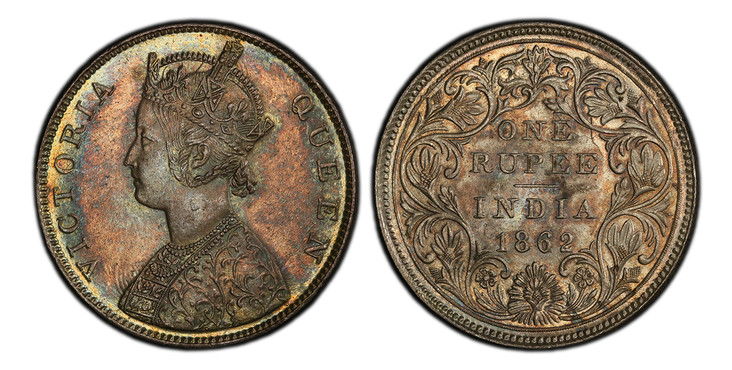 1086740 INDIA-BRITISH. Victoria. (Queen, 1837-1901). 1862-(b) AR Rupee. PCGS MS64.  Bombay Mint. Edge: Reeded. VICTORIA QUEEN. Crowned bust left / Value and date within wreath. KM 473.1. Type A Bust, Type I Reverse, 0/0; S&W-4.57A; Pridmore 58 (0/...