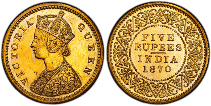 1086578 INDIA-BRITISH. Victoria. (Queen, 1837-1901). 1870-CM AV Restrike 5 Rupees. PCGS PR63.  Calcutta mint. Edge: Reeded. VICTORIA QUEEN. Crowned Young bust, left; initials CM on truncation / Value and date within beaded circle and wreath. KM 47...