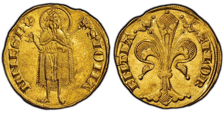 1086464 ITALIAN STATES. Florence. Republic. (1189-1532). (1252-1422) ND-(Antlers) AV Fiorino d'Oro (Florin). PCGS MS62.  3.53gm. Standing nimbate St. John the Baptist with scepter  / Lily. Fr.-275; MIR 20/9.

Please use this link to verify the PCG...