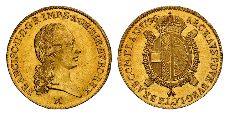 1085071 ITALIAN STATES. Milan. Franz II. 1796-M AV Sovrano. NGC MS64.  Milan. 11.08gm. FRANCISC. II. D.G. R. IMP. S. A. GE. HIE. HV. BO. REX. Laureate bust to right, mintmark below / ARCH. AVST. DVX. BVRG. LOTH. BRAB. COM. FLAN. Crowned oval shiel...