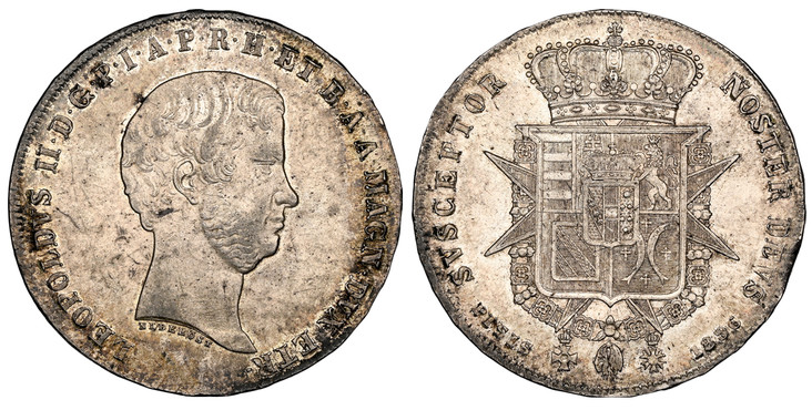 1086281 ITALIAN STATES. Tuscany. Leopold II. 1856 AR Quattro (4) Fiorini. NGC MS62.  LEOPOLDVS II.D.G... Head right / SVSCEPTOR... Crowned shield with spikes. C 75b.

Please use this link to verify the NGC certification number <a href="https://www...