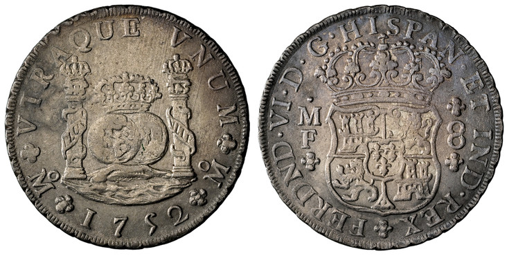 1086727 MEXICO. Ferdinand VI. 1752-Mo MF AR 8 Reales. NGC AU55.  Mexico City. FERDND · VI · D · G · HISPAN · ET  IND · REX. Crowned shield flaned by M F 8 / ...VNUM M. Crowned globes flanked by crowned pillars with banner, date below. KM 104.1; Ca...