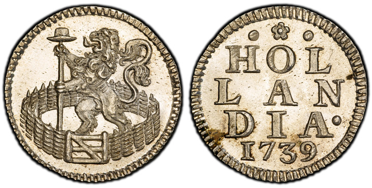 1085853 NETHERLANDS. Holland. 1739 AR Duit. PCGS MS65.  Standing lion holding spear within closed "Dutch" garden / HOL/ LAN/ DIA / date. Inscription above date. KM 80a; Verkade 57.6; CNM 2.28.126; CNM.2.28.126.

Please use this link to verify the ...