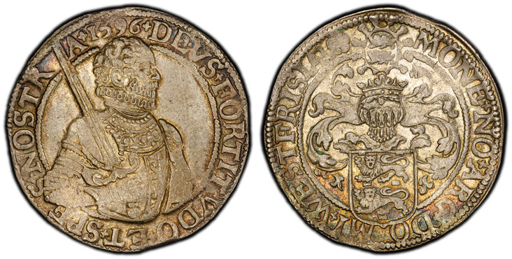 1086313 NETHERLANDS. West Friesland. Willem the Silent. 1596 AR Daalder. PCGS MS62.  Armored bust, right; holding sword over shoulder / Large elaborate tournament helm above arms. KM 6; Dav.-8865; Delmonte S924.

Please use this link to verify the...