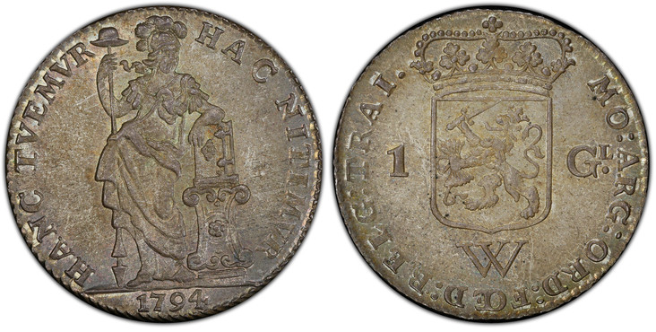 1086445 NETHERLANDS WEST INDIES. 1794 AR Gulden. PCGS MS65.  Utrecht. MO ARG ORD FOED BELG TRAI. Crowned shield between value, W below / HAC NITIMVR - HANC TVEMVR. Standing figure leaning on column, cap on pole, date below. KM 3; Scholten 1354.

P...