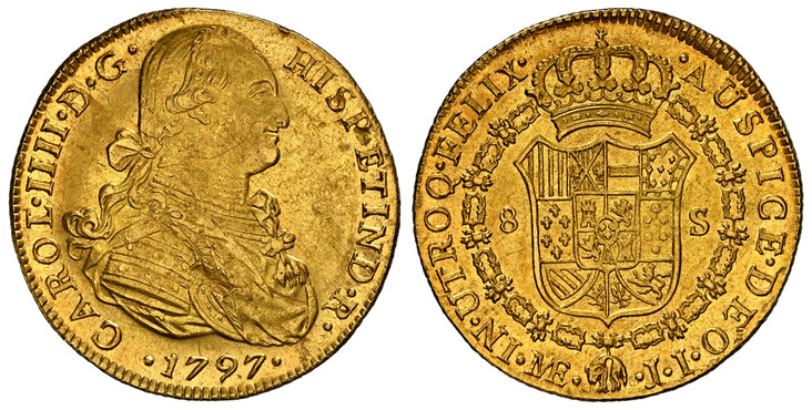 1086226 PERU. 1797-LIMAE JI AV 8 Escudos. NGC MS62.  Lima. CAROL · IIII... Bust of Charles IIII, right / VTROQ · FELIX · AUSPICE · DEO. Crowned arms in order chain. KM 101.

Currently the finest known at NGC as of January 2026

Please use this lin...