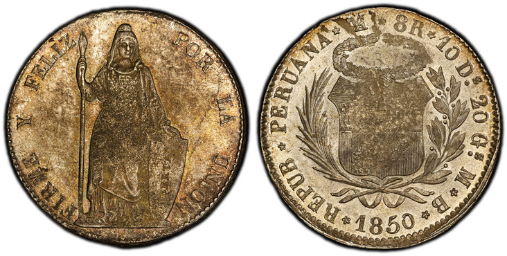 1086121 PERU. 1850-LIMAE MB AR 8 Reales. PCGS MS62.  Lima. REPUB. PERUANA... Large wreath above arms within sprigs, date below / FIRME Y FELIZ... Standing Liberty. KM 142.1. Roped edge.

Please use this link to verify the PCGS certification number...