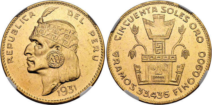 1085425 PERU. 1931 AV 50 Soles. NGC MS64.  Head with headdress left / Sculpture. KM 219; Fr.-77.

From a reported mintage of 5,538 pieces.

Please use this link to verify the NGC certification number <a href="https://www.ngccoin.com/certlookup/466...