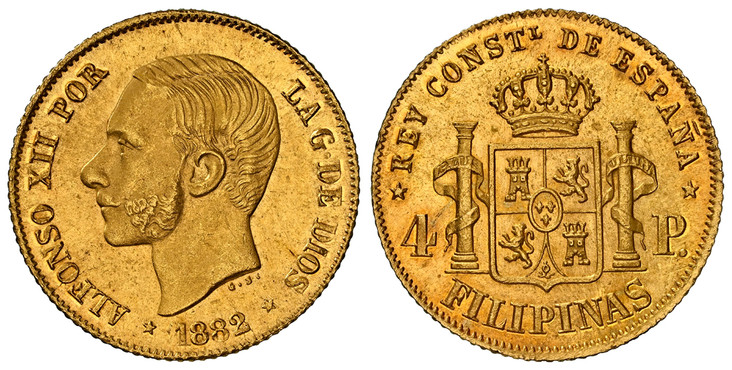 1086314 PHILIPPINES. 1882 AV 4 Pesos. NGC MS65.  Head left / Crowned arms, pillars divides value. KM 151; Calico 127; Fr.-4.

Please use this link to verify the NGC certification number <a href="https://www.ngccoin.com/certlookup/5886433-002/65/">...
