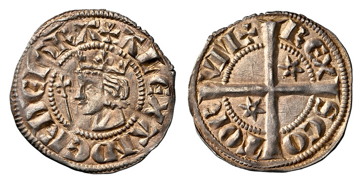 1086044 SCOTLAND. Alexander III. (King, 1249-1286). (1280-86) ND AR Halfpence. NGC AU58.  (0.71)gm. Crowned bust, left with scepter in field to left all within beaded circle; legend around / Long cross over beaded circle with a mullet (six-pointed...