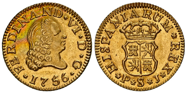1086213 SPAIN. Ferdinand VI. 1756-S PJ AV 1/2 Escudo. NGC MS62.  Segovia. FERDINAND * VI * D * G *. Head right, with hair in waves / HISPANIARUM * REX *. Crowned arms. KM 374.

Please use this link to verify the NGC certification number <a href="h...