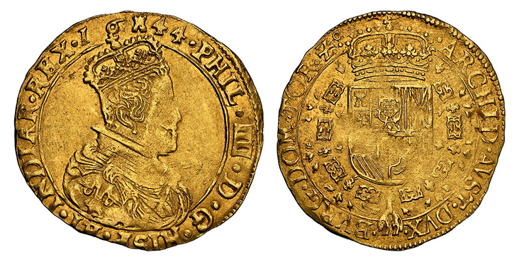 1083639 SPANISH NETHERLANDS. Tournai. 1644-(tower) AV 2 Souverain d'Or. NGC AU55.  Tournai. 11.04gm. Older bust of Philip IV in flat collar / Crowned royal shield of arms within order chain. KM 55; Fr.-396.

Please use this link to verify the NGC ...