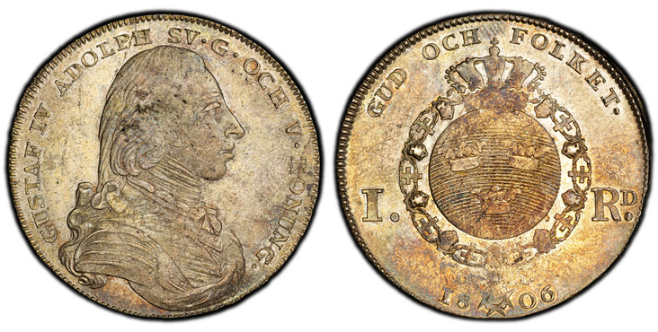 1086278 SWEDEN. Gustaf IV Adolf. 1806 OL AR Riksdaler. PCGS MS62.  GUSTAF IV... Armored bust right / Crowned, round shield within order chain, divides value and date. KM 561.

Reform Coinage.

Please use this link to verify the PCGS certification ...