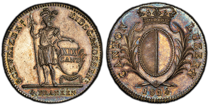 1086279 SWISS CANTONS. Luzern. 1814 AR 4 Franken. PCGS MS62.  CANTON LUZERN. Crowned oval shield within palm sprigs / SCHWEIZER... Standing knight, shield, value. KM 109.

3 leaf edge.

Please use this link to verify the PCGS certification number ...