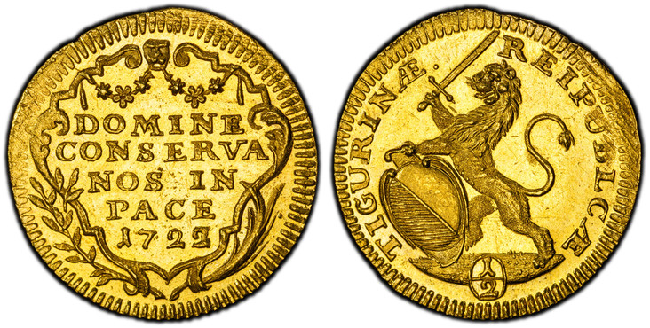 1085654 SWISS CANTONS. Zurich. 1723 AV 1/2 Ducat. PCGS MS64.  1.73gm. RESPUBLICÆ TICURINÆ ·. Oval arms of Zurich supported by rampant lion at right / DOMINE / CONSERVA / NOS IN / PACE ·. Inscription, date within ornamented cartouche. KM 139; Fr.-4...