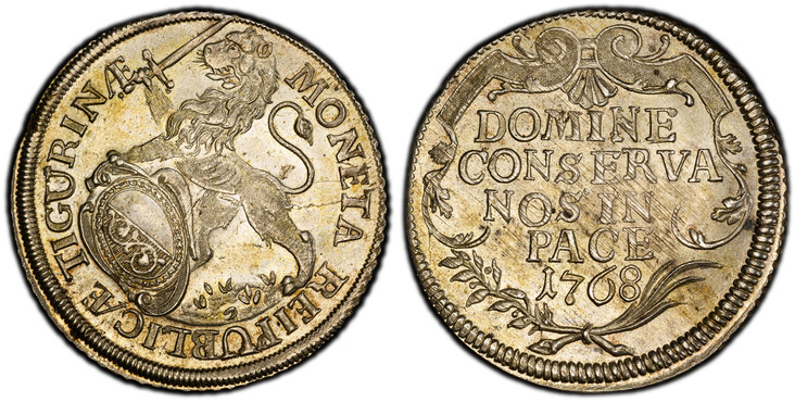 1085160 SWISS CANTONS. Zurich. 1768 AR Thaler. PCGS MS63.  40mm. 26.55gm. MONETA REIPUBLICÆ TIGURINÆ ·. Oval arms of Urich in baroque frame, supported by rampant lion at right / DOMINE/CONSERVA/NOS IN/PACE, date within cartouche, angel head above....