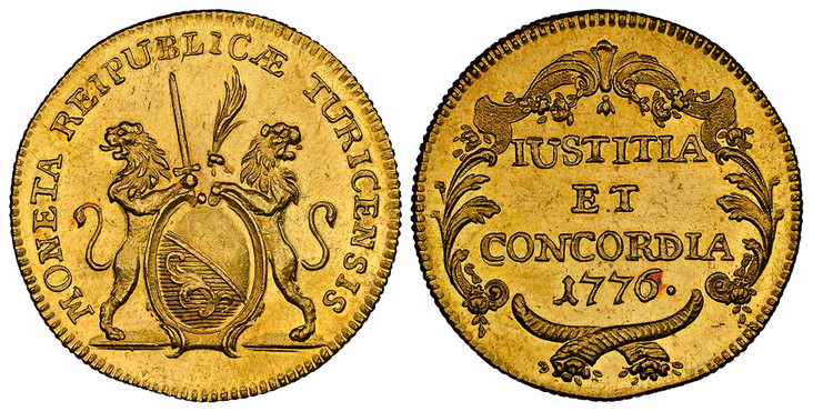 1085374 SWISS CANTONS. Zurich. 1776 AV 2 Ducats. NGC MS64.  MONETA REIPUBLICÆ TURICENSIS. Oval arms of Zurich supported by rampant lions / IUSTITIA / ET / CONCORDIA. Inscription, date above crossed cornucopias within ornamental spigs. KM 165; Fr.-...