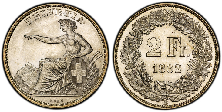 1085848 SWITZERLAND. 1862-B AR 2 Francs. PCGS MS64.  Bern. HELVETIA. Seated Helvetia / Value, date within wreath. KM 10a; Divo 31; HMZ 2-1201d.

Please use this link to verify the PCGS certification number <a href="http://www.pcgs.com/cert/4276479...