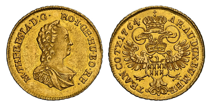 1085138 TRANSYLVANIA. Maria Theresia. (Holy Roman Empress, 1740-1780) . 1764 AV 2 Ducats. NGC MS61.  25mm. 6.98gm. M•THERESIA•D:G• RO•I•GE•HU•BORE•. Maria Theresa right / AR•AU•DUX•BU•MER - TRAN•CO•TY• (date). Crowned double headed eagle. KM 631; ...