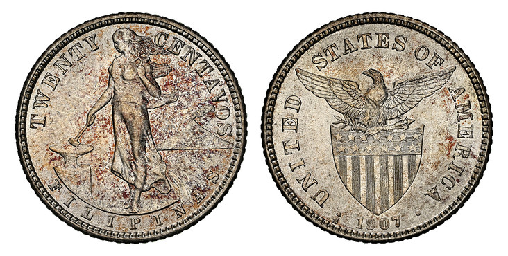 1085936 PHILIPPINES. Administration Period. (1901-1935). 1907-S AR 20 Centavos. NGC MS65.  U.S. Mint, San Francisco. Edge: Reeded. Female standing beside hammer and anvil / Eagle above stars and striped shield. KM 170.

Currently the finest known ...