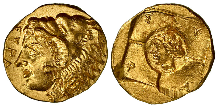 1085140 GREEK. SICILY. Syracuse. Dionysius I. (Tyrant, 405-367 BC). Struck circa 406/5 BC. AV 20 Litrae or Tetradrachm. NGC MS✭ (Mint State ✭) Strike 5/5 Surface 4/5 Fine Style.  11mm. 1.15gm. ΣYPA. Head of Heracles left, wearing lion skin headdre...