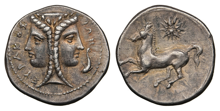 1084936 GREEK. SICILY. Syracuse. Timoleon. (Third Democracy, 344-317 BC). Struck circa 344-317 BC. AR 2 Litra. NGC Ch. XF (Choice Extremely Fine) Strike 4/5 Surface 3/5Die shift,  Brushed.  1.59gm. ΣΥΡΑΚΟΣ – ΙΩΝ. Janus-like female head; dolphin in...