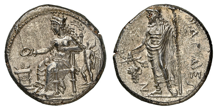 1086297 GREEK. CILICIA. Nagidus. Struck circa 400-333 BC. AR Stater. NGC MS (Mint State) Strike 4/5 Surface 5/5Die shift.  23mm. 10.74gm. Aphrodite seated left, holding phiale, and sacrificing over altar, Nike standing left behind, holding branch ...