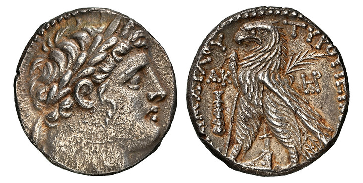 1086360 GREEK. PHOENICIA. Tyre. Struck Yr. 21 (106/5 BC). AR Shekel. NGC AU (About Uncirculated) Strike 4/5 Surface 4/5.  25mm. 14.22gm. Bust of Melkart (Melqart) right, wearing laurel wreath, [lion skin around neck] / Eagle standing left on prow;...