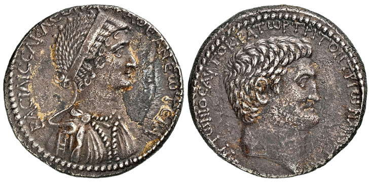 1086303 ROMAN PROVINCIAL. SYRIA, Seleucis and Pieria. Antioch. Cleopatra VII & Marc Antony. Struck circa 36 BC. AR Tetradrachm. NGC AU (About Uncirculated) Strike 5/5 Surface 3/5.  Antioch(?). 15.25gm. Diademed and draped bust of Cleopatra, right ...