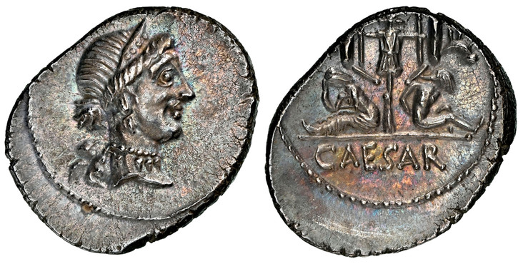 1086440 ROMAN IMPERATORIAL.  Julius Caesar. (Dictator, d. 44 BC). Struck 46-45 BC. AR Denarius. NGC Ch. AU (Choice About Uncirculated) Strike 4/5 Surface 4/5.  Military Mint traveling with Caesar in Spain. 3.83gm. Diademed head of Venus right, sma...