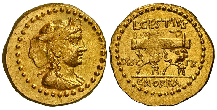 1086302 ROMAN IMPERATORIAL.  L. Cestius and C. Norbanus. Emergency issue of the Roman Senate. Struck May-August 43 BC. AV Aureus. NGC AU (About Uncirculated) Strike 3/5 Surface 4/5.  Rome. 20mm. 7.99gm. Draped bust of Africa right, wearing elephan...