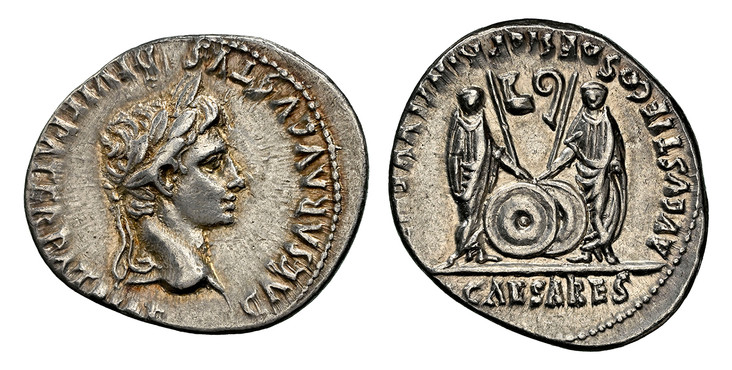 1086304 ROMAN IMPERIAL.  Augustus. (Emperor, 27 BC-14 AD). Struck 2 BC - 12 AD. AR Denarius. NGC Ch. XF (Choice Extremely Fine) Strike 4/5 Surface 4/5.  Lugdunum. 3.79gm. CAESAR AVGVSTVS DIVI F PATER PATRIAE. Head of Augustus, laureate, right / C ...