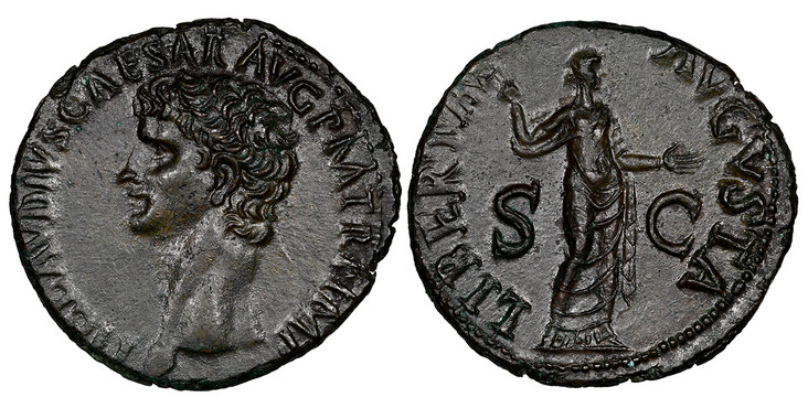 1086559 ROMAN IMPERIAL.  Claudius. (Emperor, 41-54 AD). Struck 41-54 AD. AE As. NGC MS (Mint State) Strike 4/5 Surface 4/5.  Rome. 28mm. 11.04gm. TI CLAVDIVS CAESAR AVG P M TR P IMP. Bare head of Claudius I, left / LIBERTAS – AVGVSTA. Libertas sta...