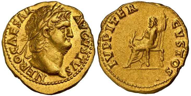 1085705 ROMAN IMPERIAL.  Nero. (Emperor, 54-68 AD). Struck 64/65 AD. AV Aureus. NGC XF (Extremely Fine) Strike 5/5 Surface 4/5 Brushed.  Rome. 7.37gm. NERO CAESAR – AVGVSTVS. Bare head of Nero right / IVPPITER – CVSTOS. Jupiter seated facing left ...