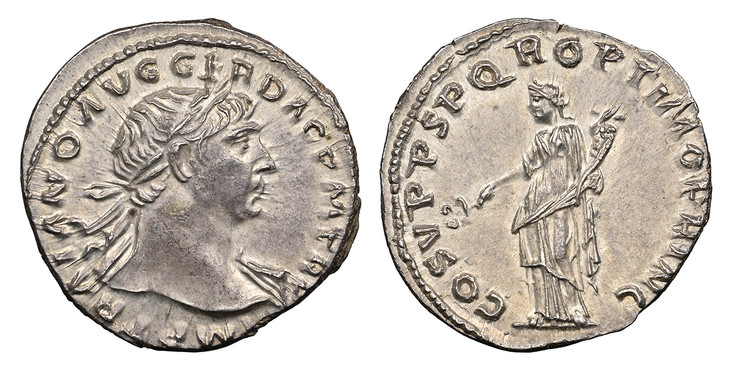 1084951 ROMAN IMPERIAL.  Trajan. (Emperor, 98-117 AD). Struck 98-117 AD. AR Denarius. NGC AU (About Uncirculated) Strike 4/5 Surface 4/5.  Rome. 3.29gm. IMP TRAIANO AVG GER DAC P M TR P. Laureate and draped bust right / COS V P P SPQR OPTIMO PRINC...
