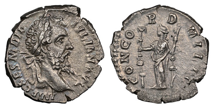 1084957 ROMAN IMPERIAL.  Didius Julianus. (Emperor, 28 March – 2 June 193 AD). Struck 193 AD. AR Denarius. NGC AU (About Uncirculated) Strike 5/5 Surface 3/5.  Rome. 2.86gm. IMP CAES M DIDIVLIAN AVG. Laureate bust, right / CONCORD MILIT. Concordia...