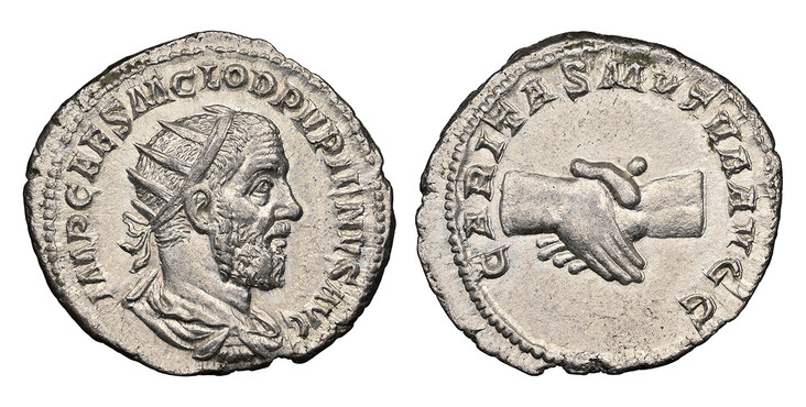 1084960 ROMAN IMPERIAL.  Pupienus. Struck 238 AD. AR Antoninianus or Double Denarius. NGC Ch. AU (Choice About Uncirculated) Strike 5/5 Surface 4/5.  4.60gm. IMP CAES PVPIEN MAXIMVS AVG. Crowned and draped bust, right / CARITAS MVTVA AVGG. Clasped...