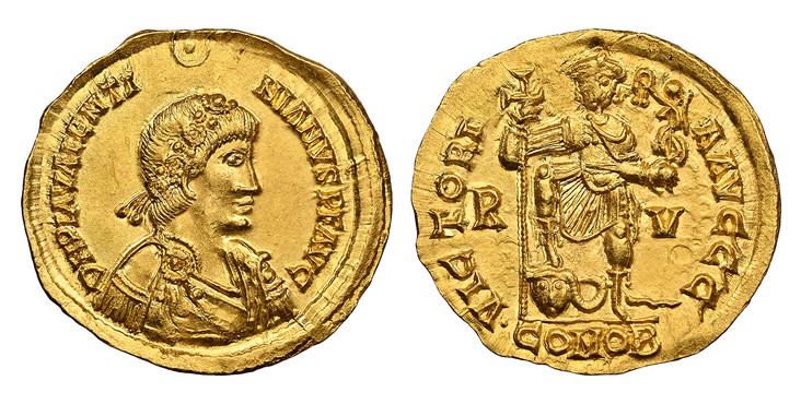 1084968 ROMAN IMPERIAL. WESTERN ROMAN EMPIRE. Visigoths in Gaul. In the name of Valentinian III. (Western Roman Emperor, 425-455 AD). Struck circa 461 AD. AV Solidus. NGC MS (Mint State) Strike 4/5 Surface 5/5.  Uncertain Gaulish Mint Imitating Ra...