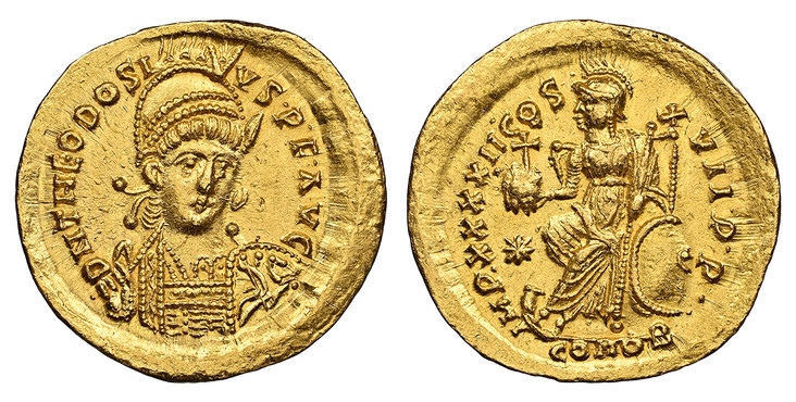 1084961 BYZANTINE.  Theodosius II. (Eastern Roman Emperor, 402-450 AD). Struck circa 441 AD. AV Solidus. NGC MS (Mint State) Strike 5/5 Surface 4/5.  Constantinople mint. 21mm. 4.48gm. Pearl-diademed, helmeted, and cuirassed bust facing slightly r...