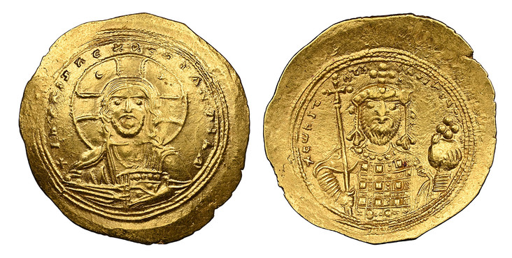 1084966 BYZANTINE.  Constantine IX. (Emperor, 1042-1055 AD). AV Histamenon Nomisma. NGC AU (About Uncirculated) Strike 4/5 Surface 4/5.  Constantinople. 27mm. 4.39gm. + IҺS XIS RЄX RЄGNANTIҺM. Christ Pantokrator seated facing on throne / + CWNSTAҺ...