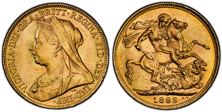 1084971 AUSTRALIA. Victoria. (Queen, 1837-1901). 1899-P AV Sovereign. PCGS MS63.  Perth. Older veiled head left / St. George slaying the dragon. KM 13; SCBC-3876; Fr.-25.

Please use this link to verify the PCGS certification number <a href="http:...
