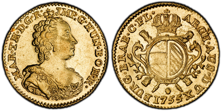 1085641 AUSTRIAN NETHERLANDS. Maria Theresa. 1755/4-(hand) R AV Souverain d'Or. PCGS MS61.  By Jacques Roëttiers. Antwerp. 5.55gm. MAR · TH · D: G · R · IMP · G · HUN · BOH · R ·. Bust with décolletage right / Crowned arms. KM 17; Delmonte 212; VH...