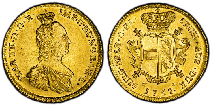 1085036 AUSTRIAN NETHERLANDS. Maria Theresa. (Holy Roman Empress, 1740-1780) . 1757 W-I AV 2 Souverain d'Or. PCGS AU55.  Vienna. 11.11gm. MAR · TH · D · G · R · IMP · S · HUNG · BOH · R ·. Crowned narrow bust right / ARCH · AUS · DUX  (date)· BURG...