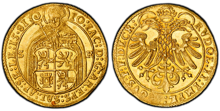 1085319 AUSTRIAN STATES. Salzburg. Johann Jakob Khuen of Belasi. (Archbishop, 1560-1586). 1581 AV 2 Ducats. PCGS MS62.  6.95gm. IOA · IA · D · G · AR · EPS · SALZ · APO · SE · LE ·. Standing figure of saint, holding salt cellar and crozier, behind...