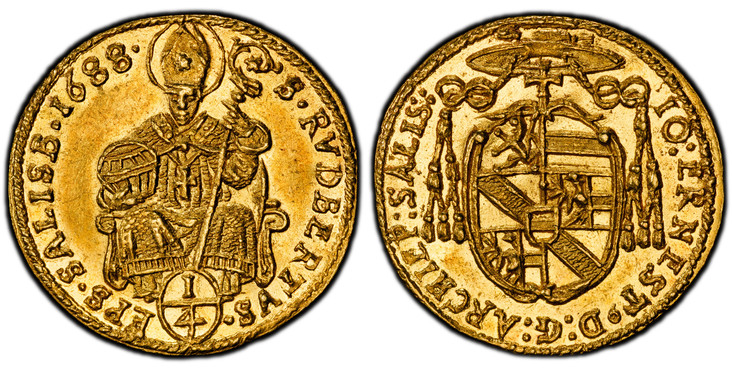 1085331 AUSTRIAN STATES. Salzburg. Johann Ernst of Thun und Hohenstein. (Archibishop, 1687-1709). 1688 AV 1/4 Ducat. PCGS MS62.  .875gm. IO ERNEST…. Cardinals' hat above oval shield / St. Rupert, value within oval circle below. KM 255; Fr.-835; Pr...