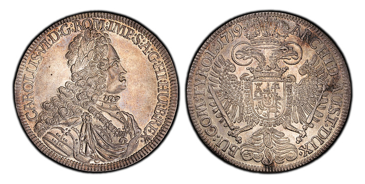 1086465 AUSTRIA. Karl (Charles) VI. 1719 AR Thaler. PCGS MS62.  Hall. CAROLUS · VI · D: G: ROM: IMP: S: A: G: HI: HU: B: REX ·. Legend begins at lower left / ARCHID: AUST: DUX · BU: COM: TYROL:. Legend divided by large crowned imperial eagle. KM 1...