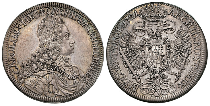1085943 AUSTRIA. Karl (Charles) VI. 1721 AR Thaler. NGC MS61.  Hall. 42.8mm. 28.75gm. CAROLUS · VI · D: G: ROM: IMP: S: A: G: HI: HU: B: REX ·. Legend begins at lower left / ARCHID: AUST: DUX · BU: COM: TYROL:. Legend divided by large crowned impe...