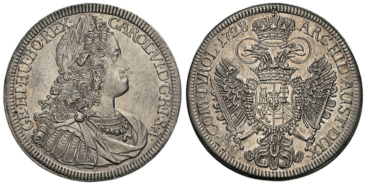 1085944 AUSTRIA. Karl (Charles) VI. 1728 AR Thaler. NGC AU58.  Hall. 43.1mm. 28.49gm. CAROL · VI · D · G · R · I · S · A · GE · HI · HU · BO · REX ·. Legend begins at upper right / ARCHID · AUST · DUX · BU · COM · TYROL ·. Curve-sided shield. KM 1...
