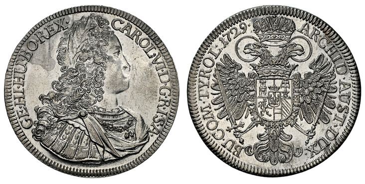 1085945 AUSTRIA. Karl (Charles) VI. 1729 AR Thaler. NGC MS61 PL (Prooflike).  Hall. CAROL · VI · D · G · R · I · S · A · GE · HI · HU · BO · REX ·. Legend begins at upper right / ARCHID · AUST · DUX · BU · COM · TYROL ·. Curve-sided shield. KM 161...